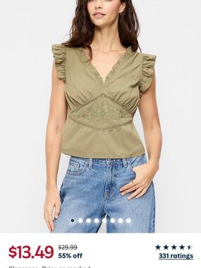 Old Navy Olive Green Embroidered V-Neck Ruffle Sleeve Top